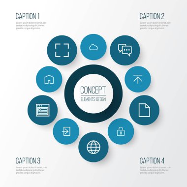 Arayüz simgeleri satır biçimi, not, indirme, dünya ve diğer ev ögeleri ile ayarlandı. İzole vektör illüstrasyon arayüzü simgeleri.