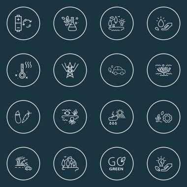 Çevre simgeleri, su tasarrufu, şarj edilebilir bataryalar, orman ve diğer sağlık elementleri ile kurulur. İzole vektör illüstrasyon ortamı simgeleri.