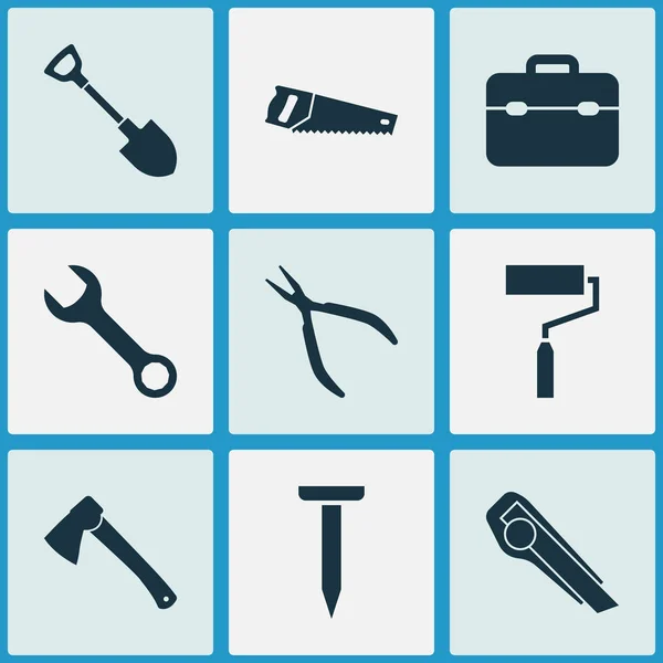 Ikony narzędzi w zestawie z zaciskiem, nożem narzędziowym, gwoździem i innymi elementami farby. Izolowane wektorowe narzędzia ilustracyjne ikony. — Wektor stockowy