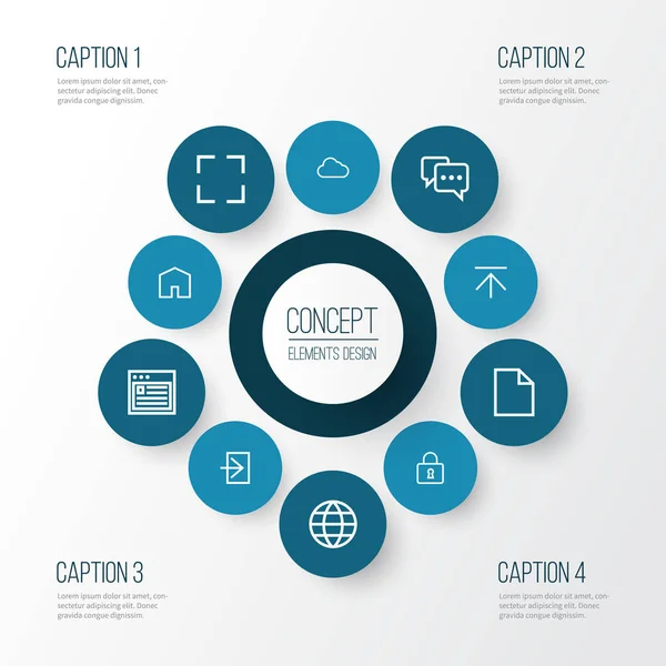 Arayüz simgeleri satır biçimi, not, indirme, dünya ve diğer ev ögeleri ile ayarlandı. İzole vektör illüstrasyon arayüzü simgeleri.