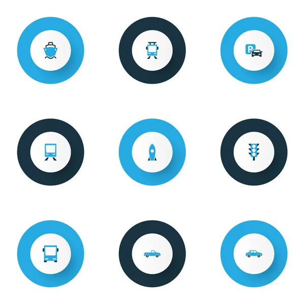 Transport-Symbole farbiges Set mit Pickup, Bus, Zug und anderen Ampelelementen. isolierte Vektor-Illustration Transport-Symbole. — Stockvektor