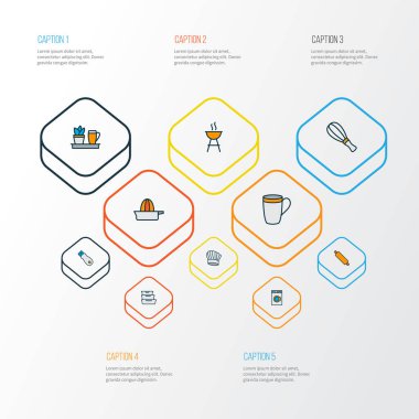 Mutfak ikonları, fincanlar, yiyecek kapları, mutfak bitkileri ve diğer depolama elemanları ile renklendirilmiş. İzole edilmiş çizim aşçılık simgeleri.