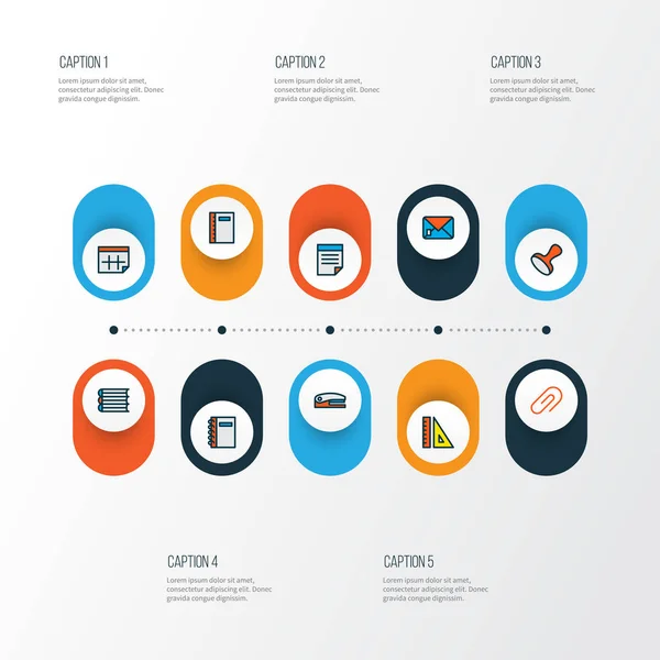 Instrument icons colored line set with stamp, clip, ruler and other measurement elements. Isolated illustration instrument icons. — Stock Photo, Image