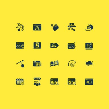 Müşteri ifadeleri, site navigasyonu, temiz kod ve diğer web sitesi yapı elemanlarıyla finans simgeleri ayarlandı. İzole illüstrasyon finans simgeleri.