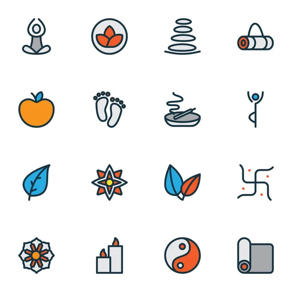 Relax icons colored line set with apple, feet, burning candle foliage elements. Isolated illustration relax icons. — 스톡 사진