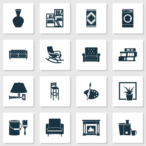 Iconos de decoración para el hogar con cubo con cepillo, unidad de estanterías, lavadora y otros elementos de pared para colorear. Iconos de decoración del hogar de ilustración aislada . —  Fotos de Stock