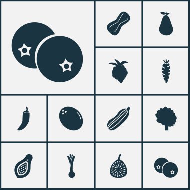 Ahududu, kabak, pırasa ve diğer yeşil soğan unsurlarıyla hazırlanmış sebze ikonları. İzole vektör illüstrasyon sebze simgeleri.