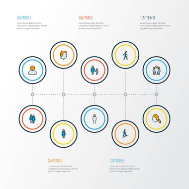 Kadın kafası, takım, çocuklu anne ve diğer kadın unsurlarıyla bezenmiş insan simgeleri. İzole vektör illüstrasyon insan simgeleri.