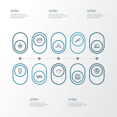 Yemek simgeleri, tereyağı, yemek masası, bal ve diğer bbq elementleriyle dizilmiş. İzole edilmiş illüstrasyon yiyecek simgeleri.
