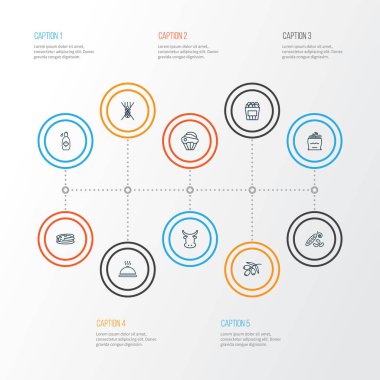 Patlamış mısır, zeytin dalı, şurup ve diğer krep elementleriyle besin ikonları çizgisi. İzole edilmiş illüstrasyon beslenme simgeleri.