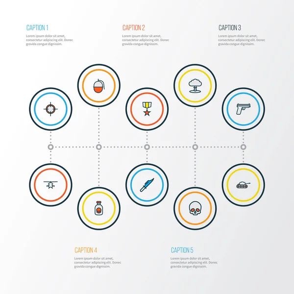Icônes de combat ligne colorée sertie d'explosion nucléaire, hélicoptère militaire, poison et autres éléments de lame de chasse. Isolé icônes de bataille illustration . — Photo