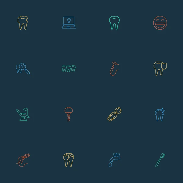 Емалеві ікони лінійний стиль, встановлений з імплантацією зубів, зубними сосками, посмішкою та іншими елементами пінцета. Ізольовані ілюстрації іконки емалі . — стокове фото
