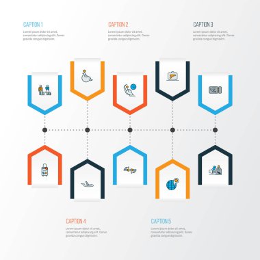 Taşımacılık simgeleri kayıt panosu, silahlı bavul, uçuş bileti ve diğer oturma odası elemanları ile birlikte ayarlandı. İzole vektör illüstrasyon taşıma simgeleri.
