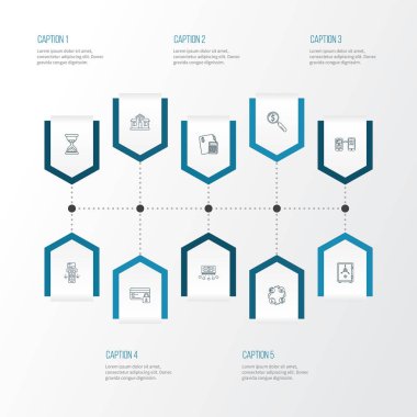 Ekonomi simgeleri çizgisi tarzı, kart, arama parası, banka ve diğer kum saati unsurlarıyla birlikte ayarlandı. İzole vektör illüstrasyon ekonomisi simgeleri.