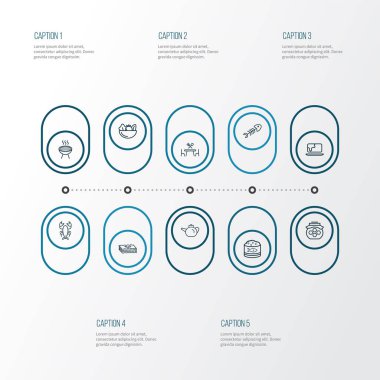 Tereyağı, yemek masası, bal ve diğer bbq elementleriyle simge çizgisi yeme. İzole vektör illüstrasyon yeme simgeleri.