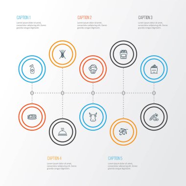 Patlamış mısır, zeytin dalı, şurup ve diğer krep elementleriyle yemek ikonu tarzı. İzole vektör illüstrasyon yemek simgeleri.
