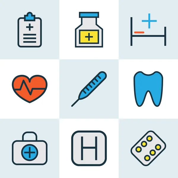 Medizinsymbole farbige Linie mit Schmelz, Temperaturmessung, Herzschlag und anderen klinischen Elementen. isolierte Vektor Illustration Medizin Symbole. — Stockvektor