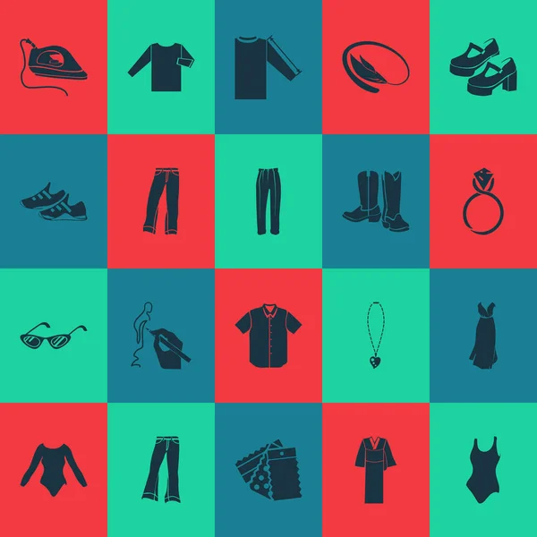 Conjunto de iconos de estilo con mezclilla, botas vaqueras, zapatos de plataforma y otros elementos de tamaño de camisa. Iconos de estilo de ilustración vectorial aislado . — Archivo Imágenes Vectoriales