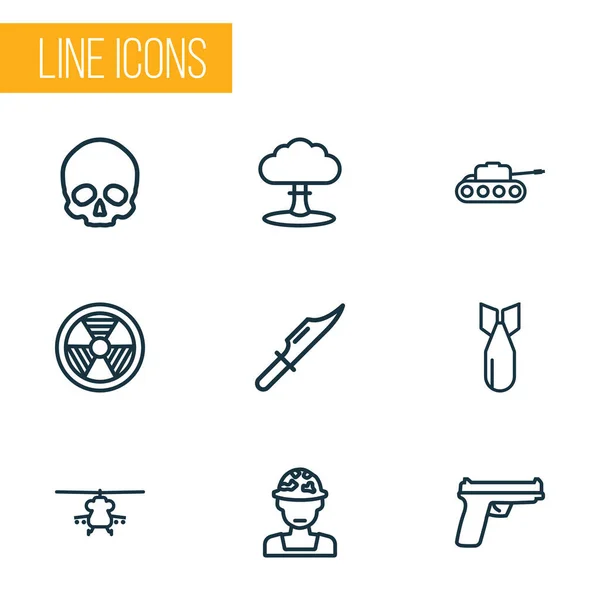 Warfare icons line style set with bio hazard, bomb, skull and other weapon elements. Isolated vector illustration warfare icons. — 스톡 벡터