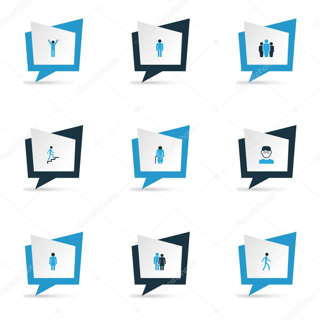 Person icons colored set with man, team, climbing and other walking elements. Isolated vector illustration person icons.