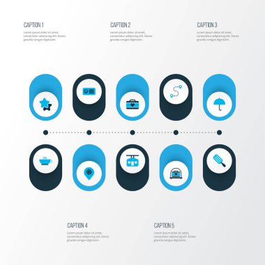 Trip simgeleri yıldız, valiz taşımacılığı, kadın bavulu ve diğer giriş kuponu elementleriyle renklendirilmiş. İzole edilmiş illüstrasyon gezi simgeleri.