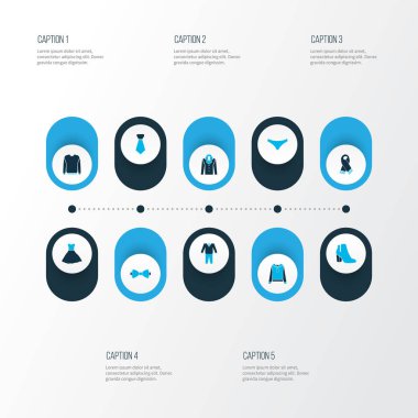 Çizme, takım elbise, sweatshirt ve diğer kravat elementleriyle renklendirilmiş ikonlar. İzole edilmiş illüstrasyon kıyafet simgeleri.