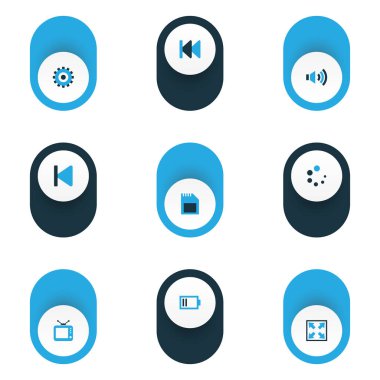 Sd kartı, önceki, yükleme ve diğer televizyon unsurları ile çokluortam simgeleri seti. İzole edilmiş illüstrasyon multimedya simgeleri.