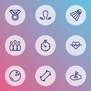 İp atlama, bovling topu, basınç takip cihazı ve diğer ip atlama elementleriyle oyun simgeleri dizisi. İzole edilmiş illüstrasyon oyun simgeleri.