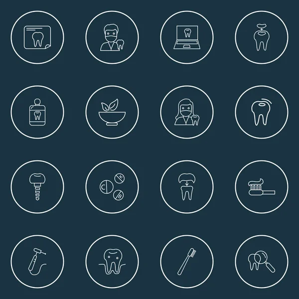 牙齿图标线条风格设置与漱口水，牙周病，牙医妇女和其他龋元素。 孤立的图例牙齿图标. — 图库照片