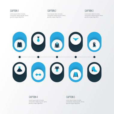 Çizme, takım elbise, sweatshirt ve diğer kravat elementleriyle renklendirilmiş ikonlar. İzole vektör illüstrasyon giysi simgeleri.