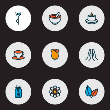 Meditasyon simgeleri, mandala, çiçek ve bir fincan çay ile renklendirilmiş, dua eden eller. İzole edilmiş illüstrasyon meditasyon simgeleri.