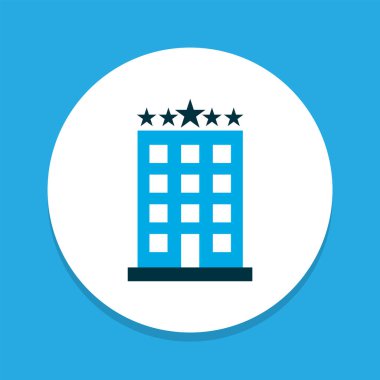 Beş yıldızlı bina simgesi renkli sembol. Moda tarzında birinci sınıf kalite izole otel ögesi.