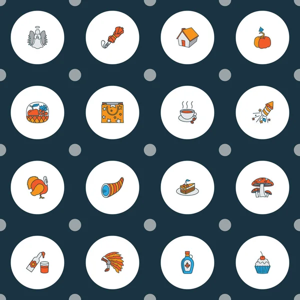 Thanksgiving pictogrammen gekleurde lijn set met cadeaupapier zak, hete koffie, paraplu en andere cappuccino-elementen. Afzonderlijke illustratie dankzegging pictogrammen. — Stockfoto