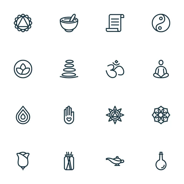 Yoga icons line style set with yin yang, meditation, oil bottle and other zen elements. Isolated illustration yoga icons. — 스톡 사진