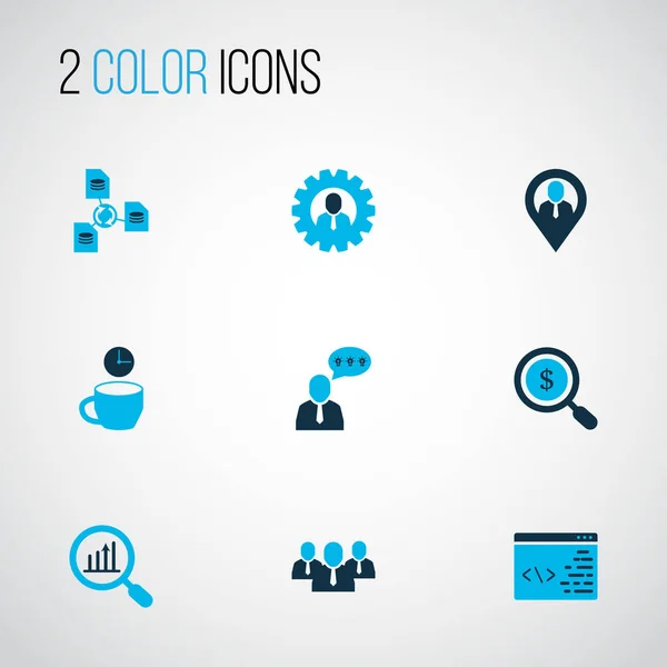 Job icons colored set with team head, group, analytics and other coding elements. Isolated illustration job icons.