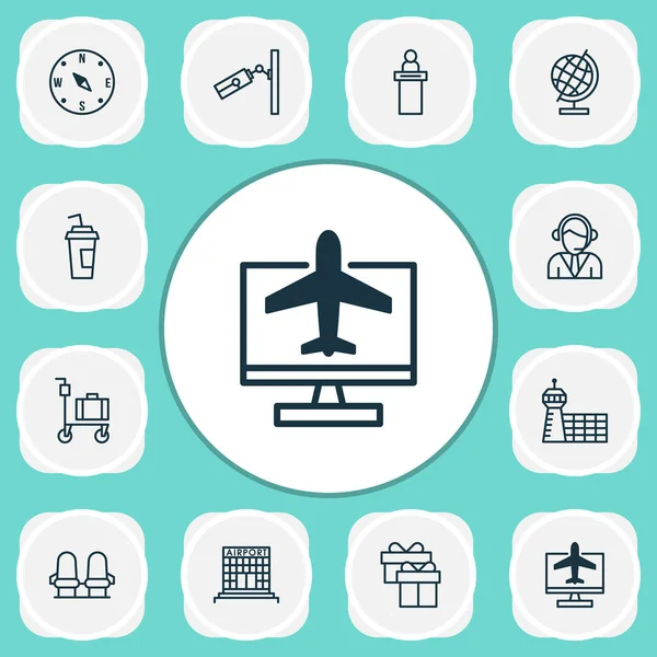 Eğitim küresi, çağrı merkezi, havaalanı binası ve diğer operatör unsurlarıyla seyahat simgeleri. İzole edilmiş çizim seyahat simgeleri.