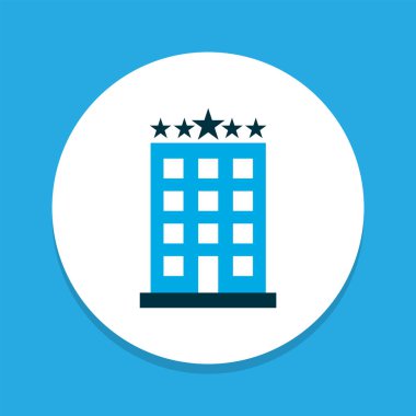 Beş yıldızlı bina simgesi renkli sembol. Moda tarzında birinci sınıf kalite izole otel ögesi.