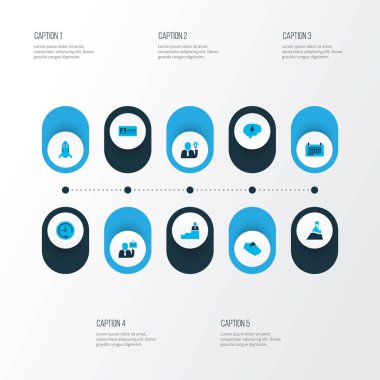 Takım simgeleri, dağ, bayrak, takvim, roket ve diğer iş adamlarıyla renklendirildi. İzole vektör illüstrasyon ekibi simgeleri.