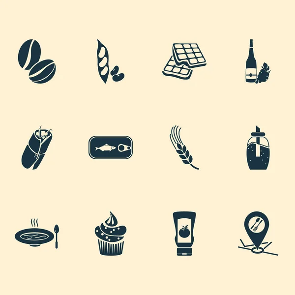 Conjunto de iconos nutricionales con lata de atún, vino, azúcar y otros elementos de frijol arábica. Iconos de nutrición de ilustración vectorial aislada . — Vector de stock