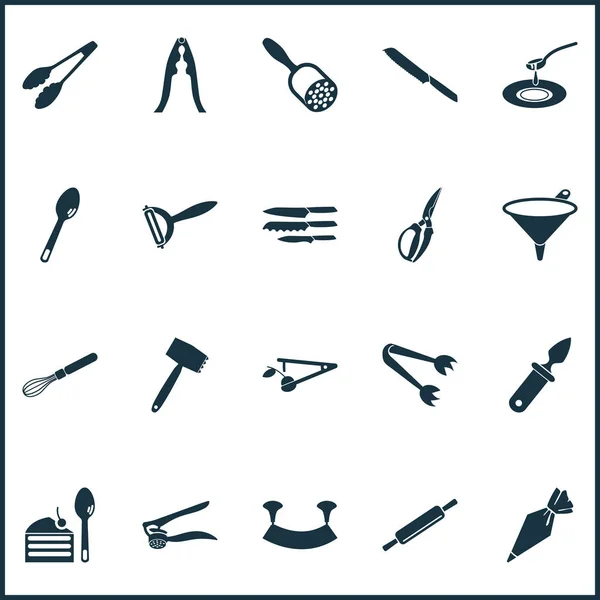 Conjunto de iconos de cubiertos con bolsa de pastelería, instrumento, rodillo y otros elementos de cuchilla mecedora. Iconos de ilustración vectorial aislado cubiertos . — Vector de stock