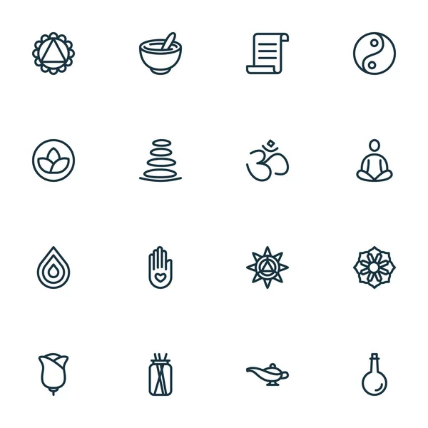 Meditation icons line style set with yin yang, meditation, oil bottle and other zen elements. Isolated vector illustration meditation icons. — 스톡 벡터