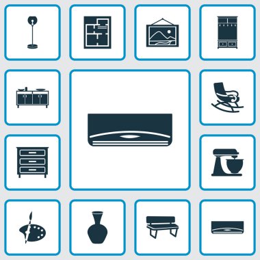 İç simgeler, yer lambası, salon ağacı, büfe ve diğer taslak elementlerle ayarlandı. Ayrı resimleme iç simgeleri.