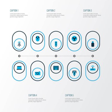 Aygıt simgeleri flaş bellek, dizüstü bilgisayar, modem ve diğer gözetleme elemanlarıyla birlikte ayarlandı. İzole edilmiş illüstrasyon aygıtı simgeleri.