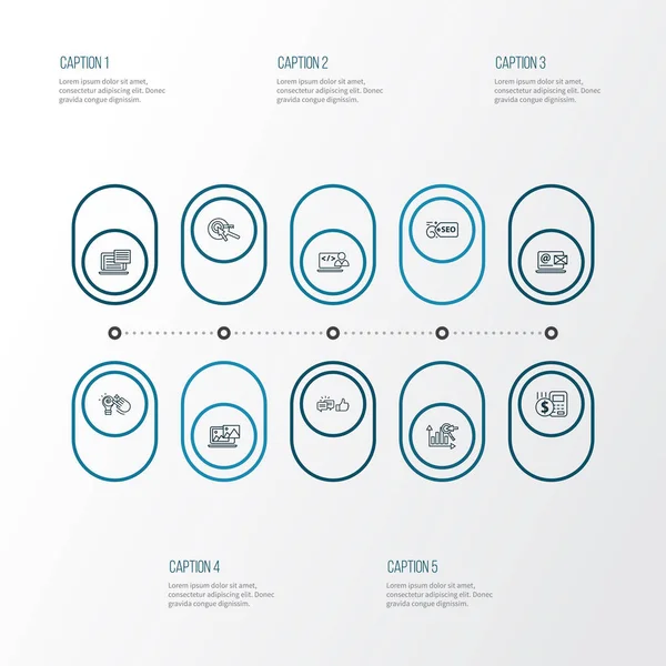 Style de ligne d'icônes SEO avec classement par mot-clé, contenu photo, formulaire de contact et autres éléments de rétroaction. Illustration isolée Icônes SEO . — Photo