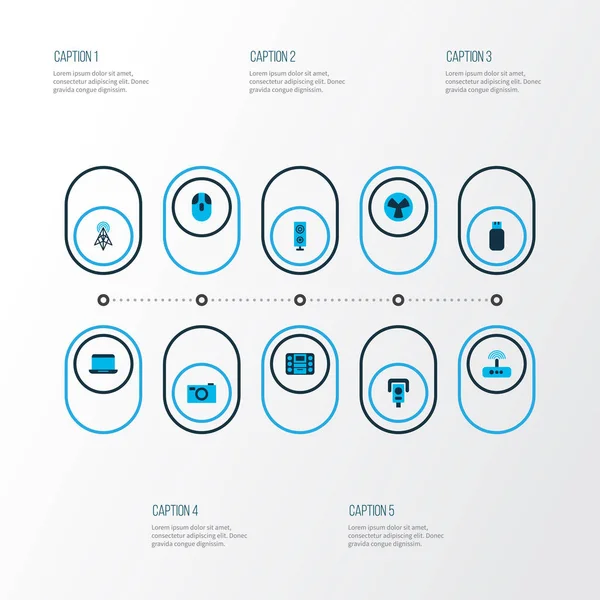 Aygıt simgeleri flaş bellek, dizüstü bilgisayar, modem ve diğer gözetleme elemanlarıyla birlikte ayarlandı. İzole edilmiş illüstrasyon aygıtı simgeleri.