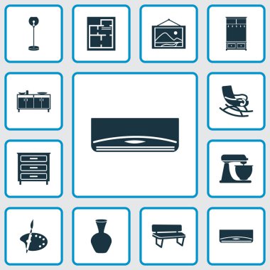 Ev dekorasyonu simgeleri, yer lambası, salon ağacı, büfe ve diğer taslak elementlerle ayarlandı. İzole edilmiş vektör illüstrasyon ev dekorasyonu simgeleri.