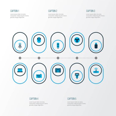 Flaş bellek, laptop, modem ve diğer gözetleme elemanlarıyla donanım simgeleri ayarlandı. İzole vektör illüstrasyon donanım simgeleri.