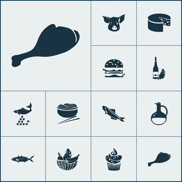 Conjunto de iconos nutricionales con cesta de frutas, pata de pollo, hamburguesa y otros elementos de mariscos. Iconos de nutrición de ilustración vectorial aislada . — Archivo Imágenes Vectoriales