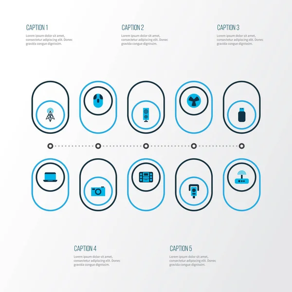 Flaş bellek, laptop, modem ve diğer gözetleme elemanlarıyla donanım simgeleri ayarlandı. İzole vektör illüstrasyon donanım simgeleri.