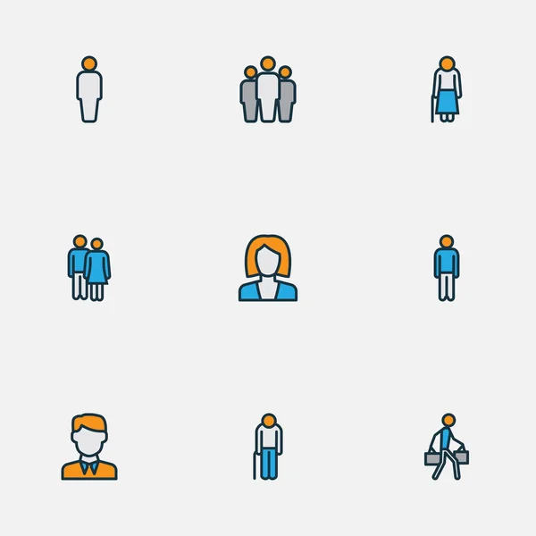 Icônes de personne ligne colorée définie avec l'utilisateur, femme d'affaires, hommes et autres éléments de groupe. Illustration vectorielle isolée personne icônes . — Image vectorielle
